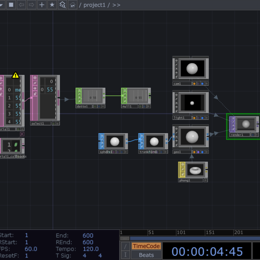 TouchDesigner process near the end of class, attempting to replicate the original template.