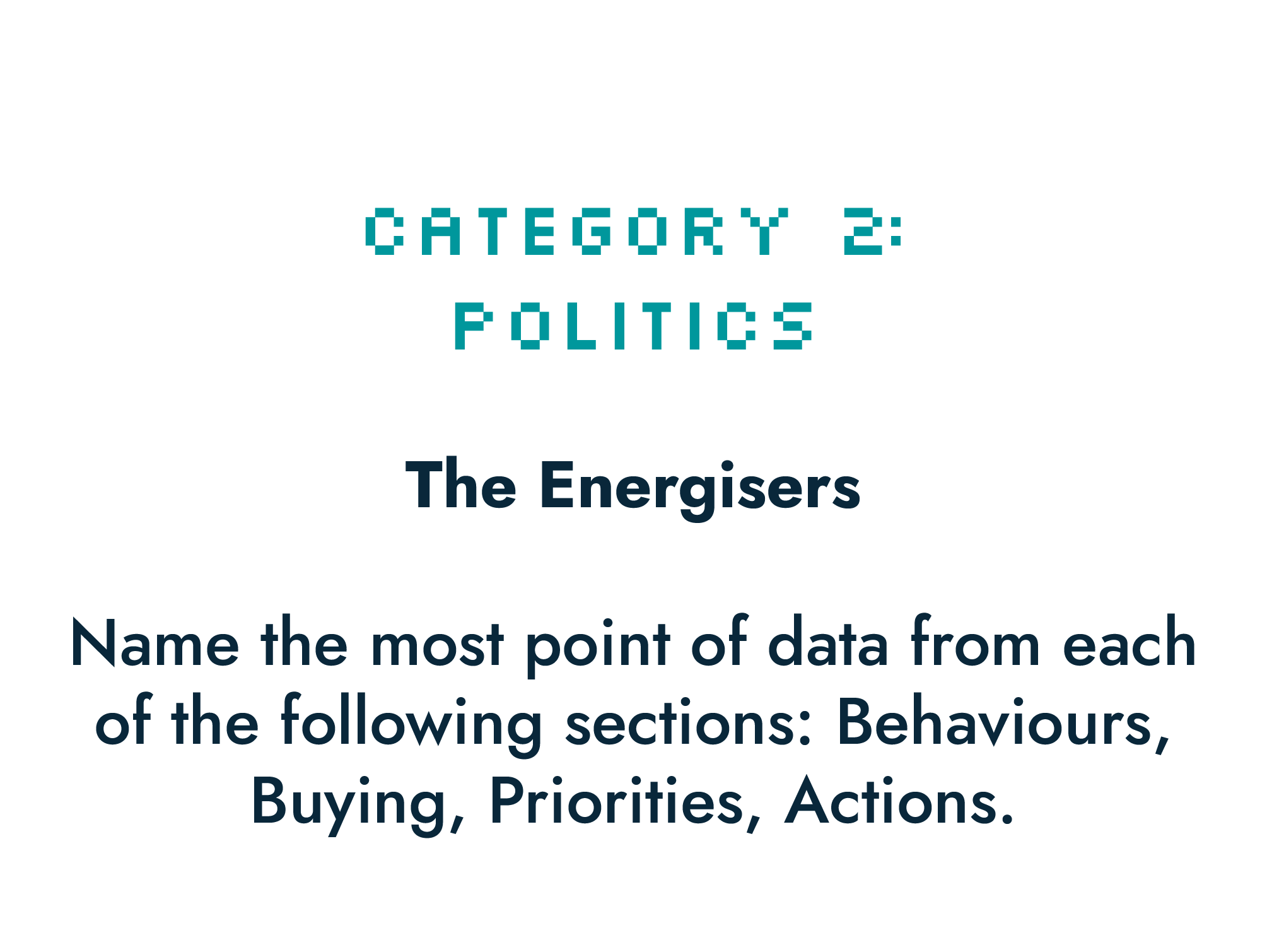 <b>Behaviours:</b>
Energisers are seeking small moments of joy and peace.

<br><b>Buying:</b>
They want products that are fun, engaging and bring out the child in them.

<br><b>Priorities:</b>
They prioritize social connection, positive emotions, creativity and openness in their lives. 

<br><b>Actions:</b>
Products and experiences should be designed for all ages and support individuals in living happy, healthy lives. For example, social robots can promote wellbeing and reduce loneliness.
